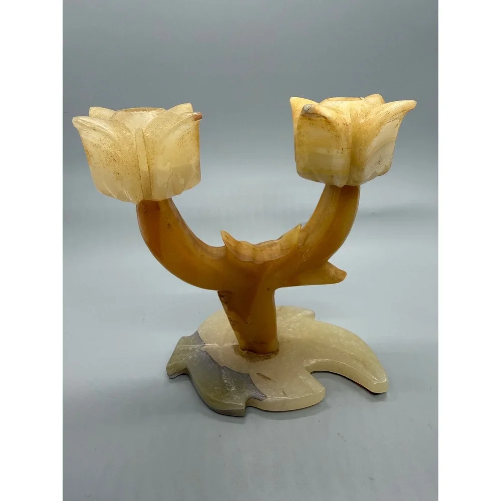 Vintage Onyx Stone Double Tulip Candle Holder Hand Carved Tan Cream 6in Heavy